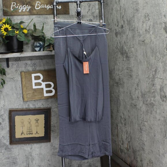 NWT State of Day Womens Crepe De Chine Camisole Pant Pajama Set Ebony Gray M
